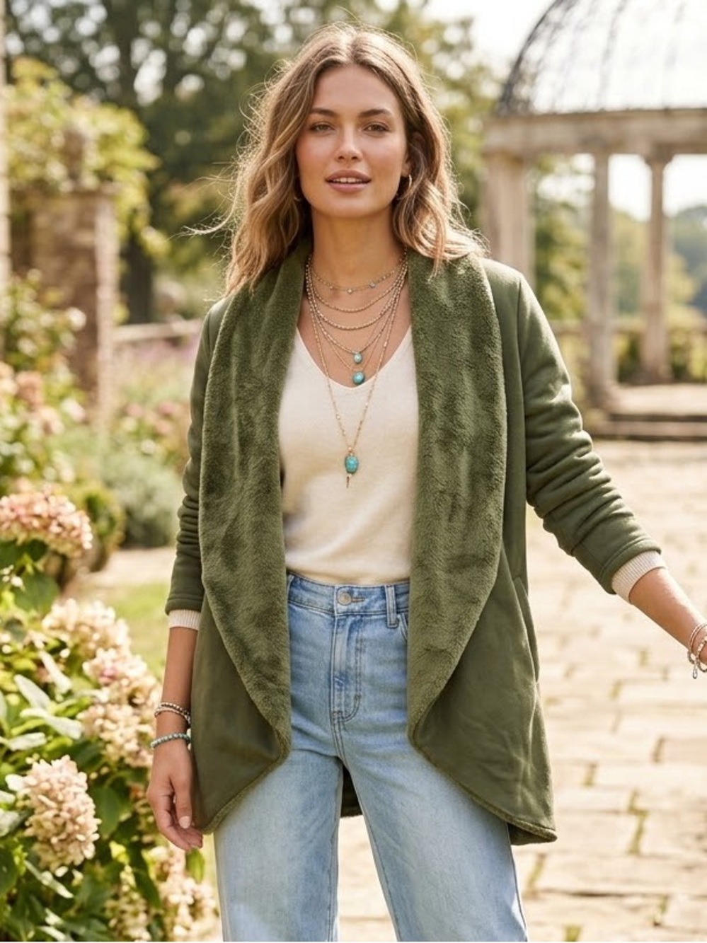 Anthropologie DREW Olive Green Faux-Fur Shawl Collar Open Cardigan Sweatshirt